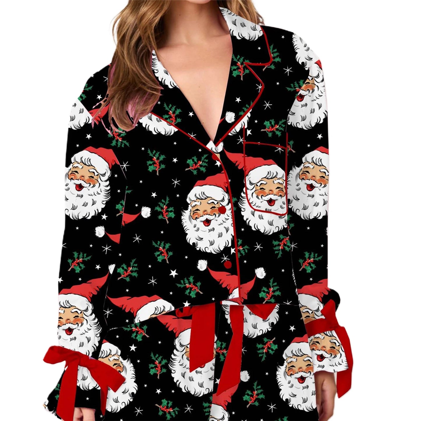 Maxy Women's 2Piece Pajamas Loose Fit Set Christmas Print Long Sleeves Shirt + Elastic Shorts for Loungewear Soft Sleepwear