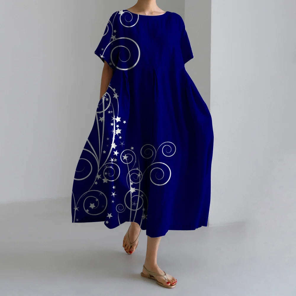 Maxy Summer New Bohemian Casual Dresses Vintage Women's Cotton Printed Dresses Womens Floral Long Dresses Round Neck Pullover Dresses