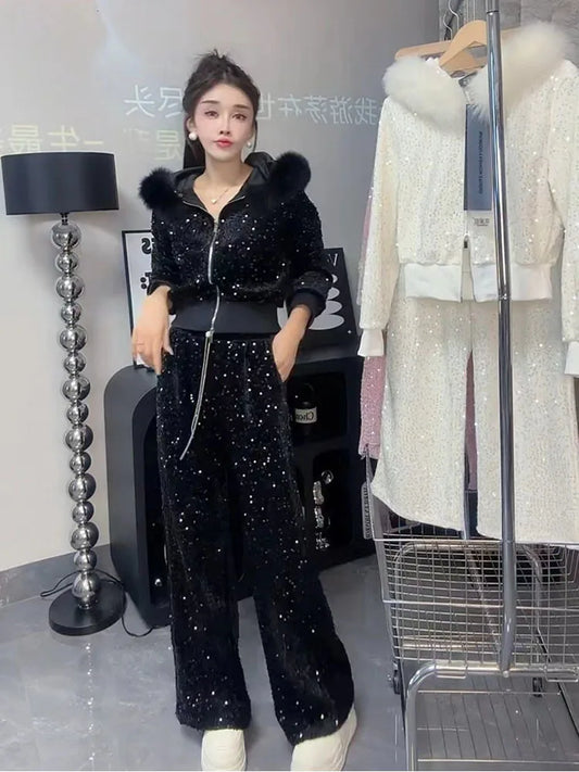 Maxy Fashion plush Casual set Autumn Winter design with fur collar sequin hooded sweater Coat and wide leg pants two-piece sets