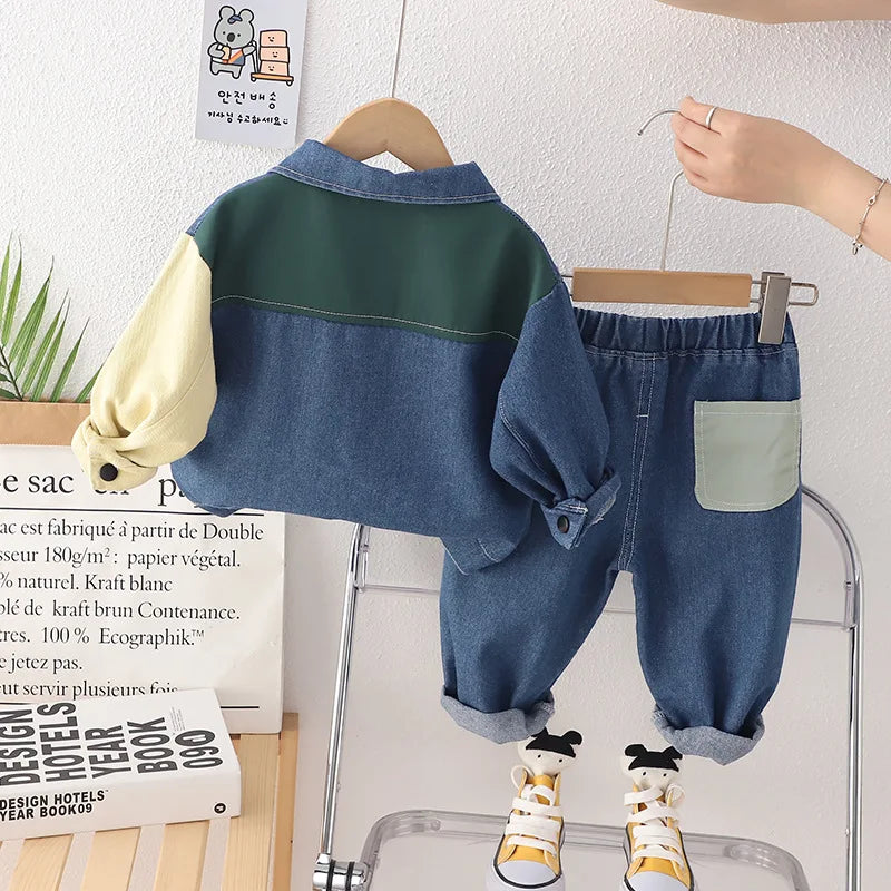 Maxy autumn new 0-5 years boy color matching long-sleeved suit in the children's denim jacket casual pants children two-piece set