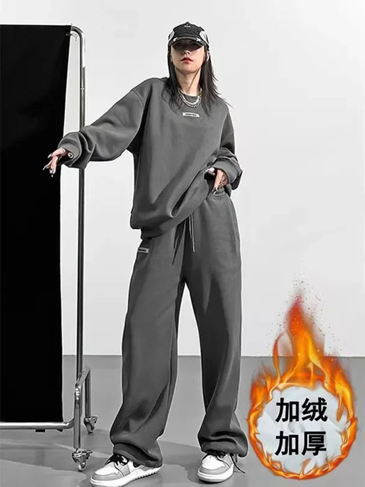 Maxy Korean Fashion Thicken 2 Piece Sets Women O-neck Velvet Lined Pullover Tops Conjuntos Winter Warm Solid Sweatpants Tracksuit New
