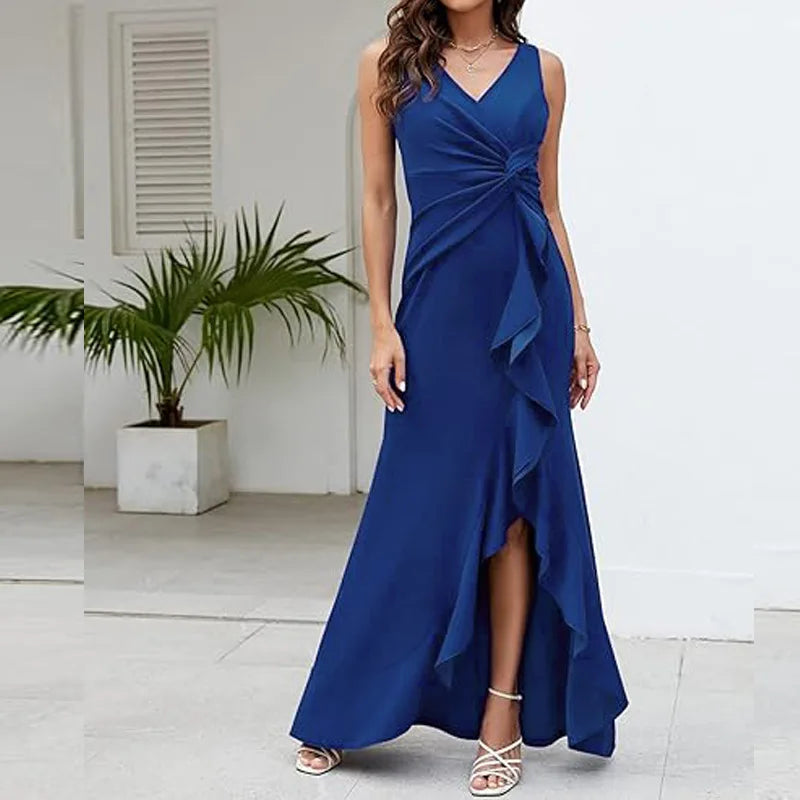 Maxy Elegant V-Neck Party Maxy Dress Women Fashion Sleeveless Ruffle Split Gown Prom Dress Ladies Slim Fit Tie Up Bodycon Gala Dress