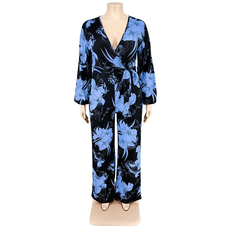 Amay Plus Size Floral Print Jumpsuit Female Casual Loose Elegant Clothing Women One Piece Outfit Autumn Fashion Wide Leg Pants