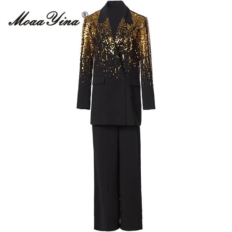 Maxy Autumn/Winter luxury Suit Women's Notched Long-sleeve Sequins Design Tops+Black Wide leg pants 2 piece set