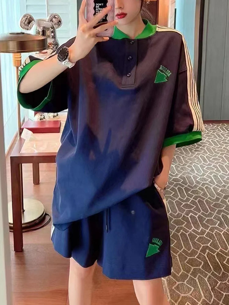 Maxy Navy Loose Side Patch Streetwear Tracksuit Summer Shirts Shorts Pants Embroidery Two Piece Sets Womens Outifits Harajuku Casual