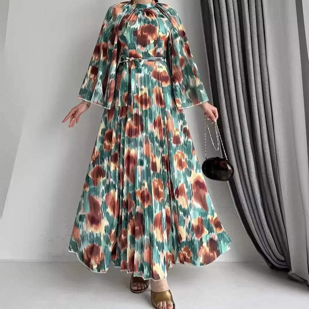 Maxy An Indian Ladies' Muslim Robe. It Is A Fashionable Long - Printed Dress with A Belt From Dubai, Turkey in The Middle East
