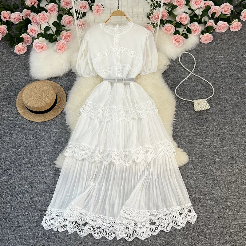 Maxy French dress Summer new high-waisted slimming bubble sleeve chiffon patchwork lace cake dress