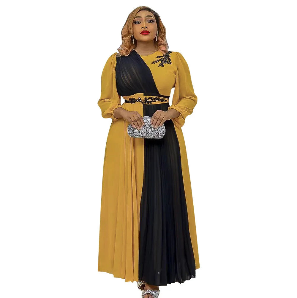 Amay Plus Loose Fitting Women's Patchwork Round Neck Long Sleeved Socialite High Waisted Dress Leisurely Vacation Robe