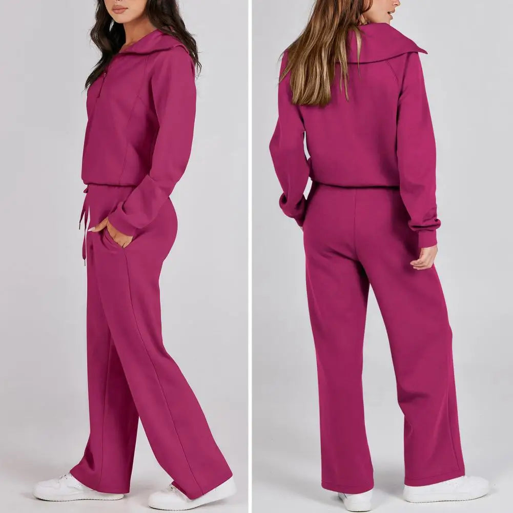Oversized Sweatshirt Pants Set Women Two-piece Casual Suit Thick Loose Solid Color Tracksuit Set with Lapel Coat Wide for Fall