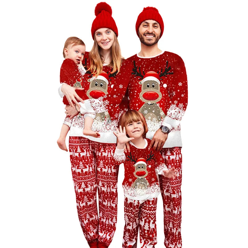 Matching Family Christmas Pajamas, Long Sleeve Deer Snowflake Print Pullover + Pants Set