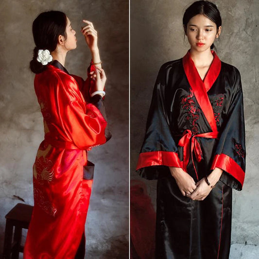 Maxy Novelty Reversible Black Red Women Kimono Yukata Satin Embroidery Dragon Nightgown One Size Robe Gown Two Side Sleepwear