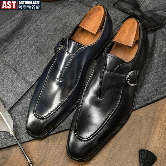 Amay Genuine Leather Mens Loafers Handmade Monk Strap Wedding Party Casual Dress Shoes Summer Autumn Footwear for Men