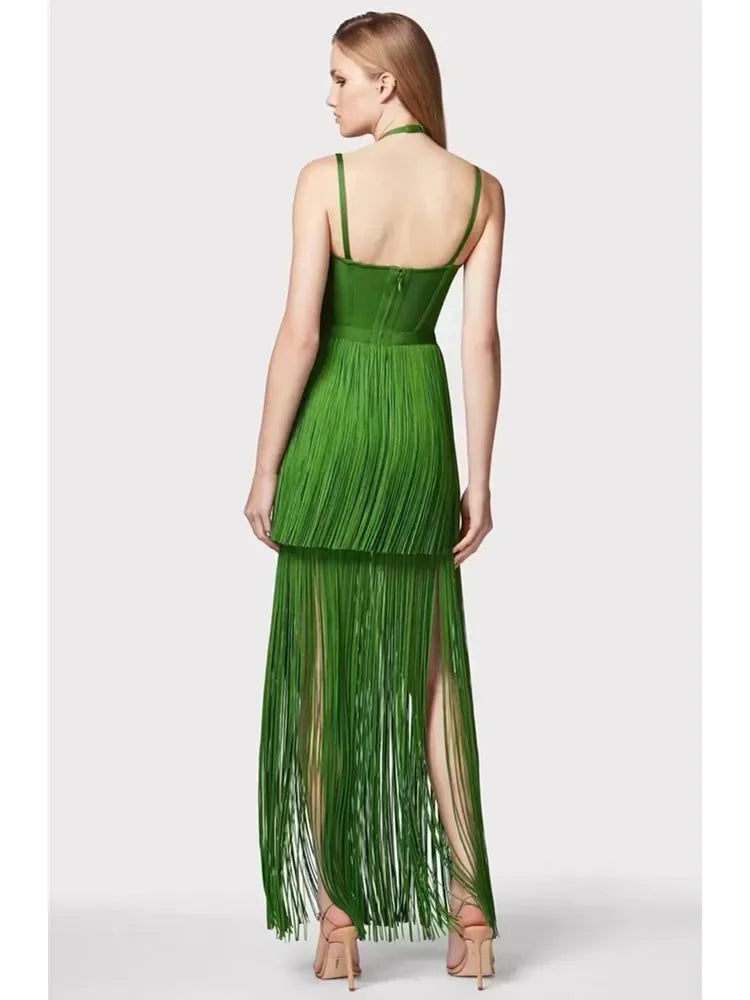 Babs Summer New Green Halter Spaghetti Strap Fringed Bandage Dress High Street Celebrity Evening Party Gowns Guest Looking