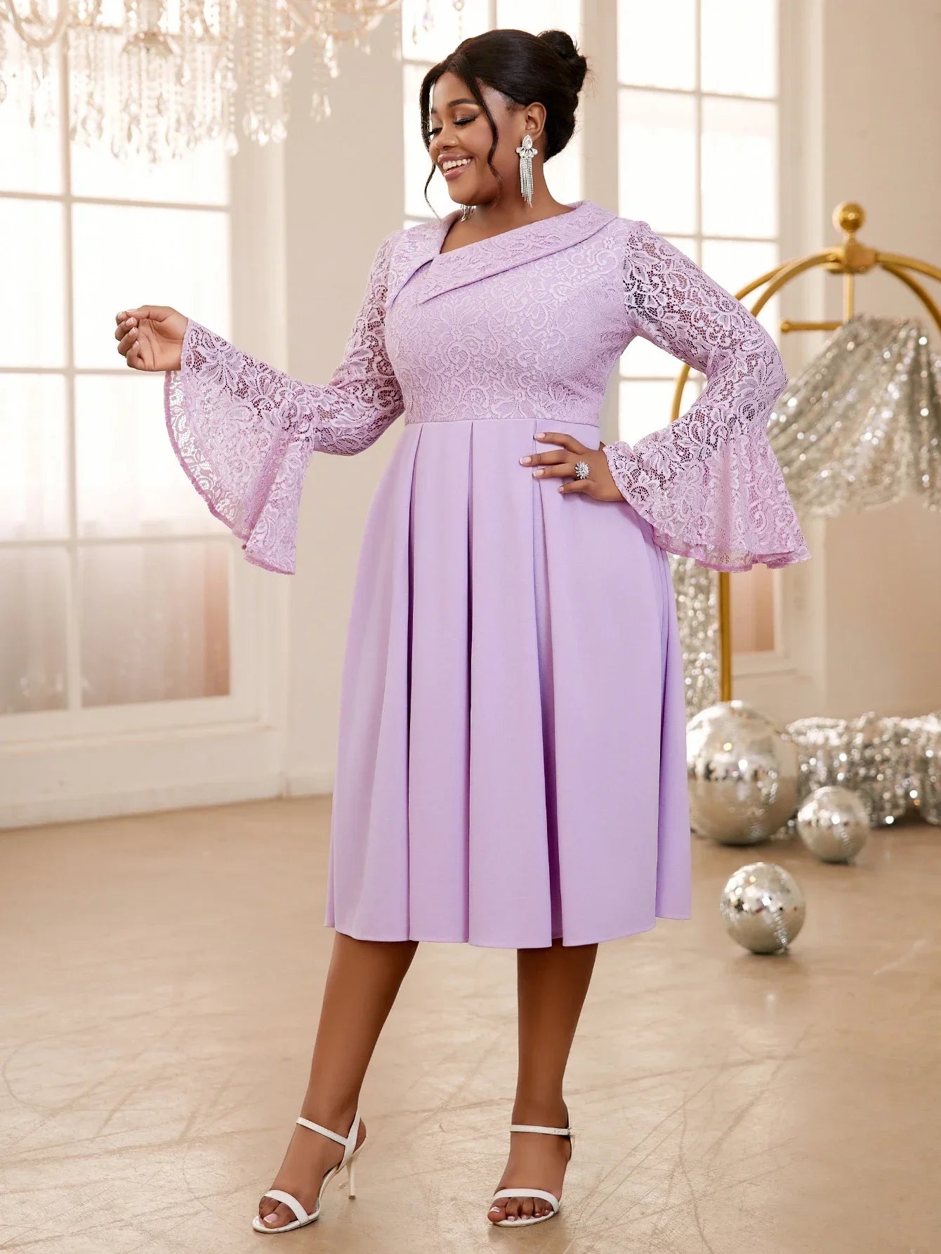 Babs Elegant Ball Evening Dress Women's Plus Size Purple Lace A-line Dress Irregular Collar Long Horn Sleeve Fold Dresses