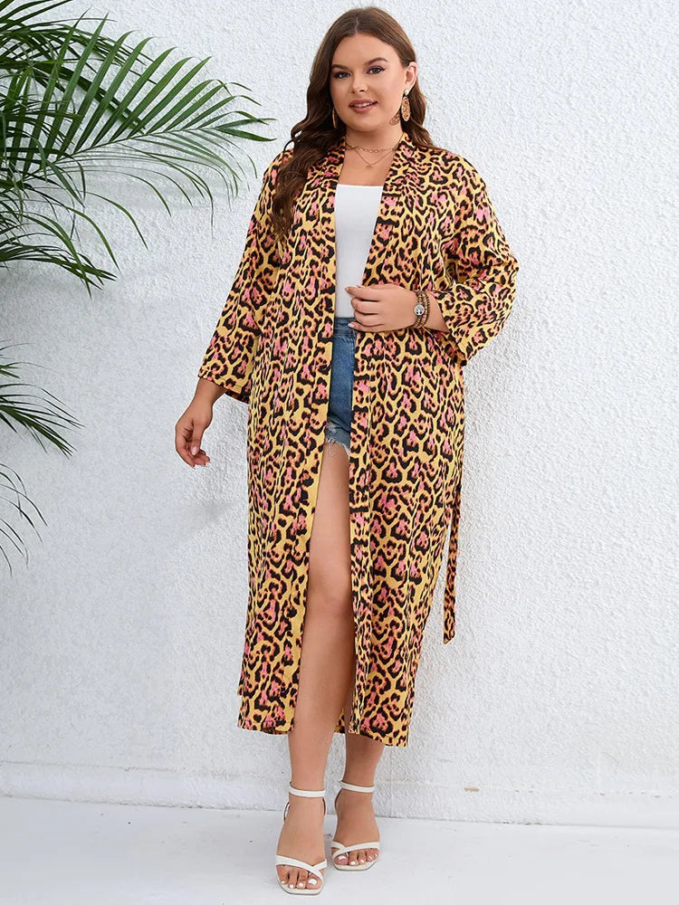 Amay Plus Size Leopard Print Belted Long Kimono Cardigan Women Open Front Long Sleeve Blouse Holiday Bohemian Beach Tunic Tops