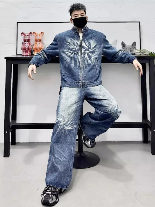 Visco Men's Loose Fit Denim Jacket Jeans Two Piece Set Vintage Distressed Cowboy Outfits Spring Fashion Casual Stretwear Matching Sets