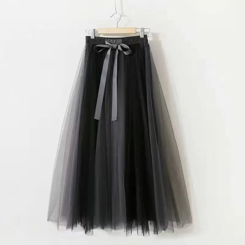 Maxy Summer New Korean Elegant Cute Short Sleeved T-shirt+Mesh Midi Skirt Two Piece Suit Women's Loose Top Dress Matching Set