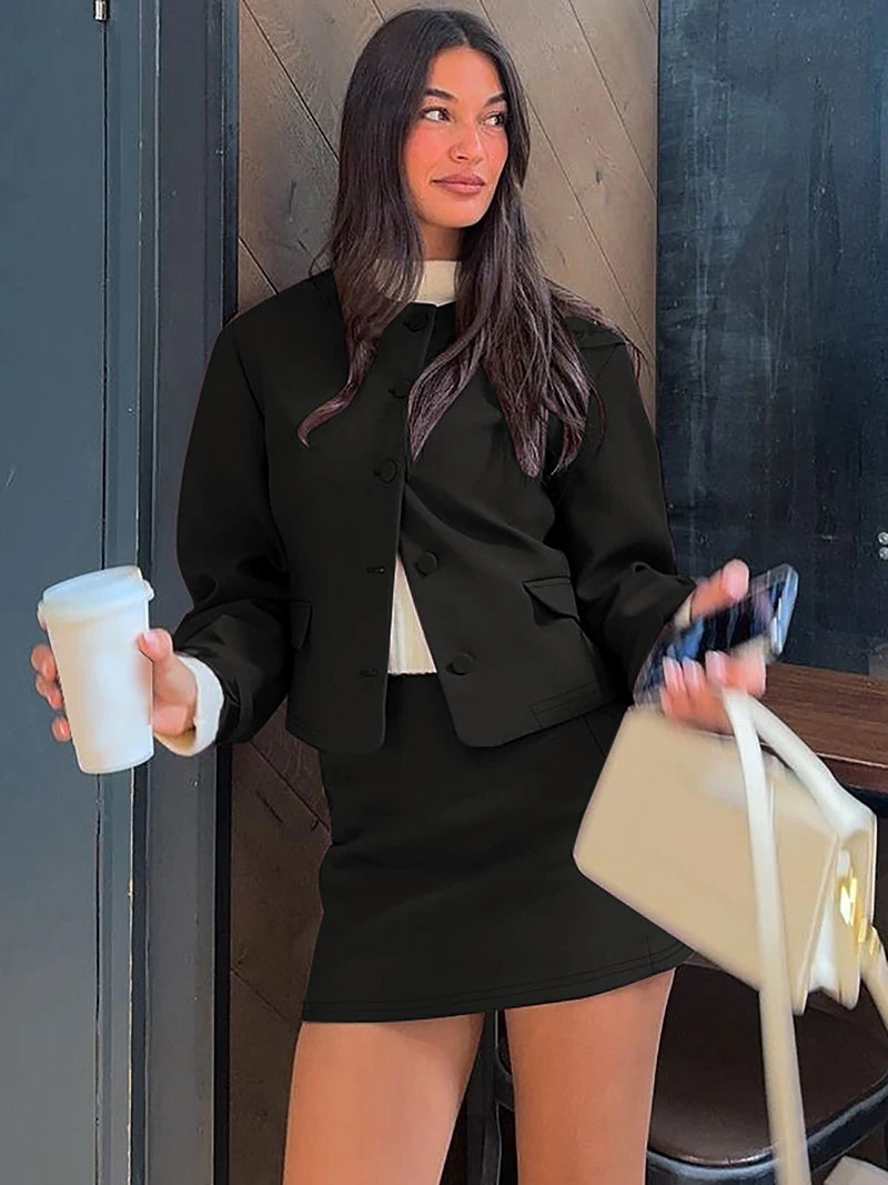 DGLUKE Fashion Mini Skirt Sets For Women 2 Pieces Elegant Woman Suit O-Neck Jacket Coat Skirt Matching Set Winter Outfits