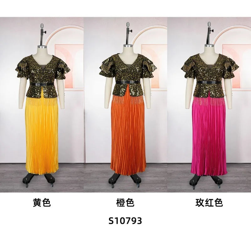 Maxy Plus Size African Women's Sequined Long Maxy Dress Short Sleeve V Neck Elegant Hem Pleated Big Swing Party Dress Dubai