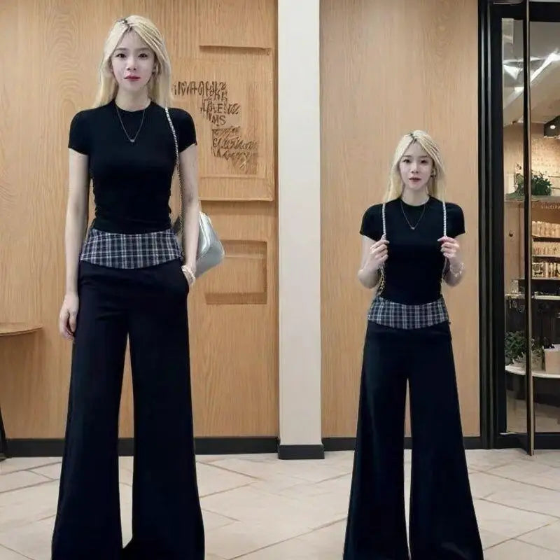 Maxy Women's Suit Fashion 2 Piece Set Short Sleeve Top Wide Leg Pants Cotton Women Summer Casual Elegant American Style Premium