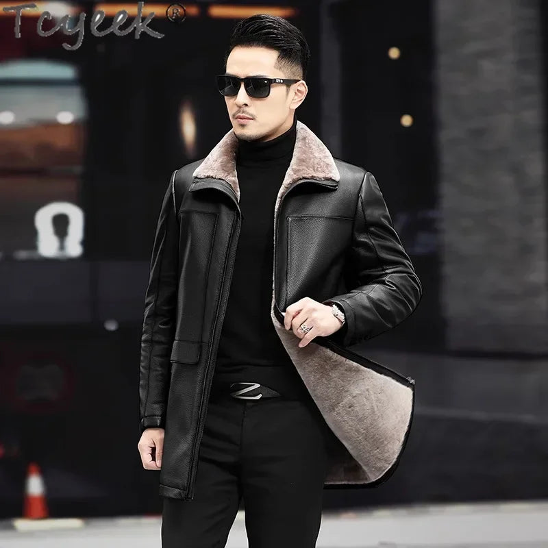 Tcyeek Genuine Leather Jacket Men Business Casual Real Cowhide Coats for Man Thickened Warm Wool Jackets Winter Clothes Overcoat