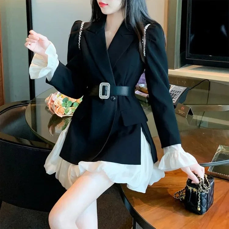 Maxy Elegant Vintage Diamond Slim Fit Long Sleeve Black Coat Women+ High Waist Patchwork Skirts Early Autum New Two Piece Sets