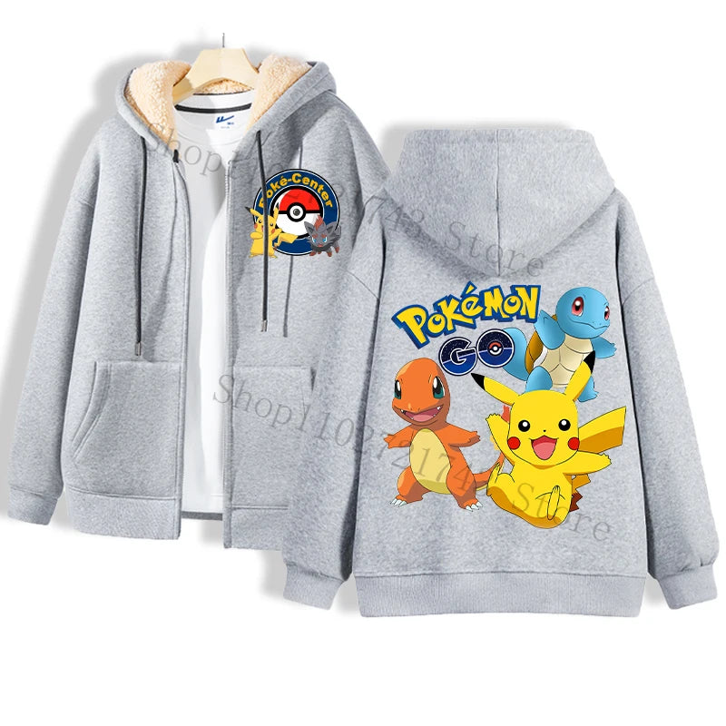 Maxy Pokémon Lamb Wool Coat for Men Women Pikachu Anime Cartoon Fashion Zipper Hooded Jacket Boys Girls Winter Warm Hip Hop Coats