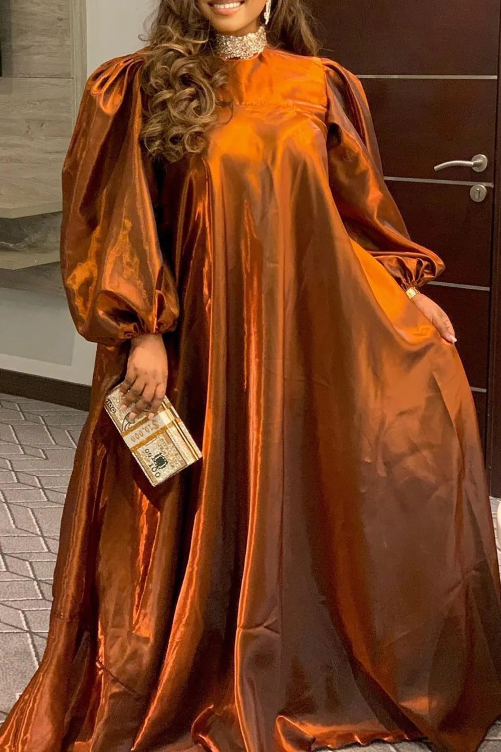 Plus Size Semi Formal Dress Green Glitter Long Sleeve V Neck Lantern Sleeve Maxi Dress Party Long Dress