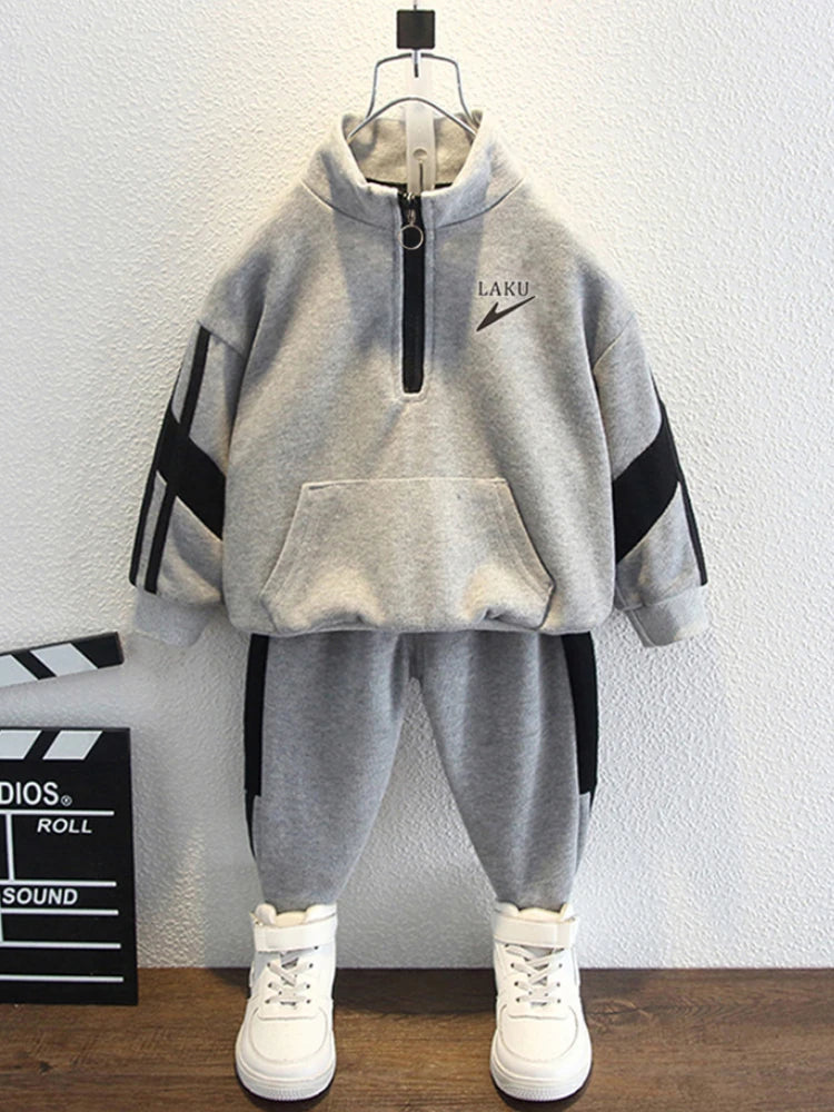 Maxy Children Boy Lapel Clothes Set Zip Stripe Sweatshirts Top and Pants 2pcs Suit Kid Girls Fashion Patckwork Tracksuits