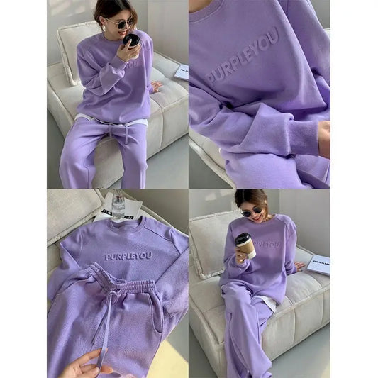 Maxy Plus Velvet Thicken Sports Suits Women's Autumn Winter New Korean Printed Sweatshirt Casual High-waisted Trousers Two-piece Sets