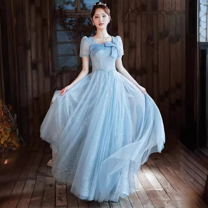 Maxy New Women's Summer Blue Bow Purple Evening Dress Fashionable Slimming Student Graduation Art Exam Walking Dress