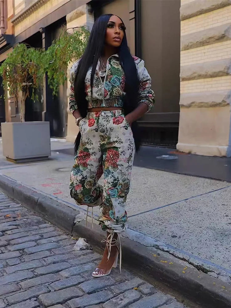 Maxy Street Tracksuit Two Piece Set Women Long Sleeves Zipper Jacket+High Waist Button Floral Print Wide Leg Cargo Pants Women Outfit