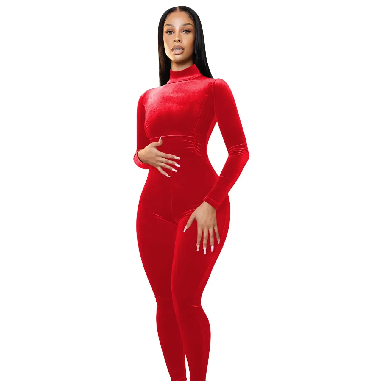 Maxy Christmas Red Velvet Jumpsuit Women Costume Long Sleeve Pencil Pants Rompers Fall Turtleneck Slim Night Club Wear Overalls