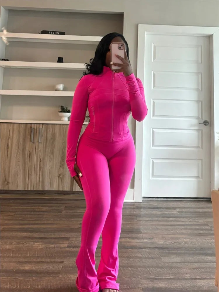 Maxy Autumn Casual Solid Sporty Two Piece Sets Elegant Women Stand NeckZipper Long Sleeve Slim Top & Skinny Pants Outfits Tracksuits