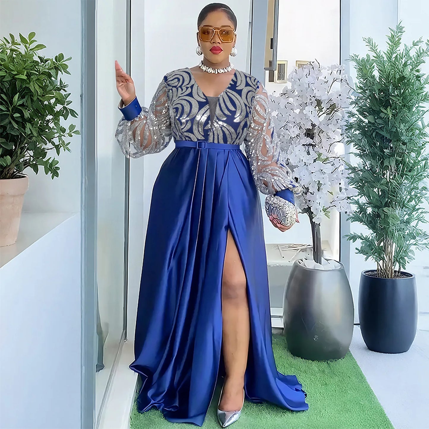 Maxy Plus Size Sequin Dresses for Women Elegant Evening Wedding Party Gown Dashiki Ankara Clothing Kaftan Abaya Robe
