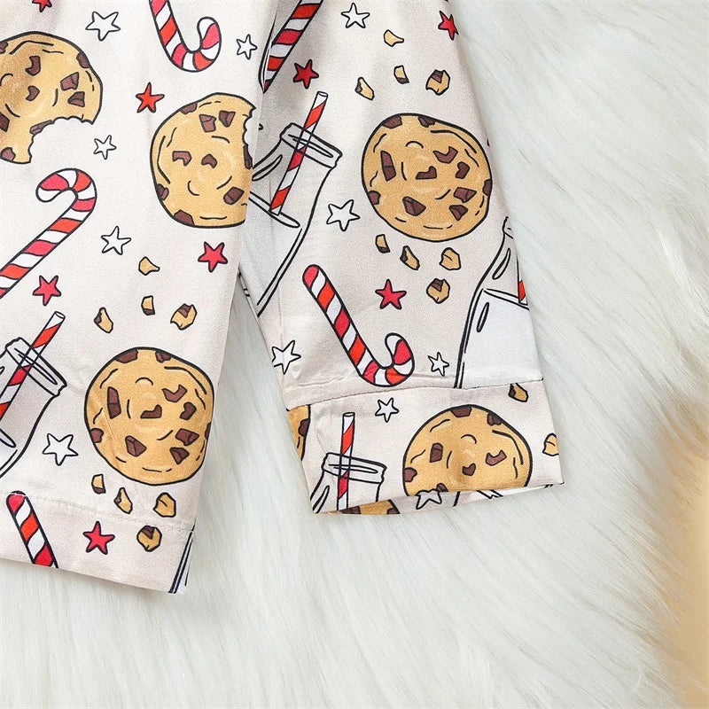 Maxy Boys Girls Christmas Pajama Set Cookie Mike Print Long Sleeve Button-up Tops Long Pants 2 Pcs Set