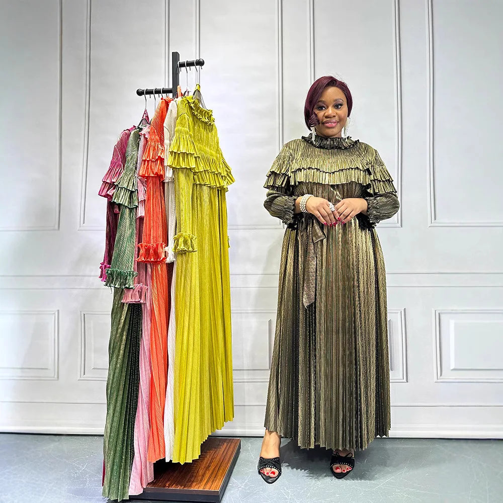 Maxy Fashion Plus Size Loose Gold Dress for Women Light Luxury Long Sleeve Lace-up Party Gown Casual Miyake Pleated Dress New