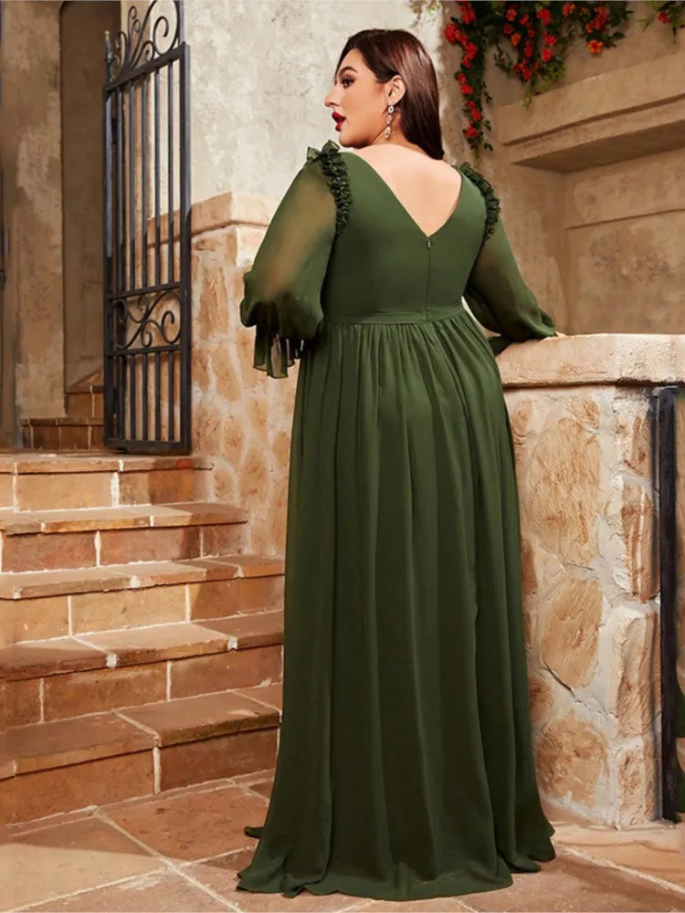 Maxy Plus Size Autumn V-Neck Long Dress Women Ruffle Pleated Fashion Loose Ladies Dresses Long Sleeve See Through Woman Dress