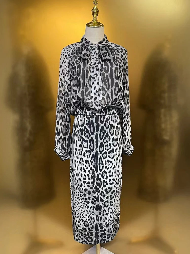 Maxy spring women's new chiffon silk straight shirt two-piece set + high-waisted printed silk wrap hip skirt fashion set