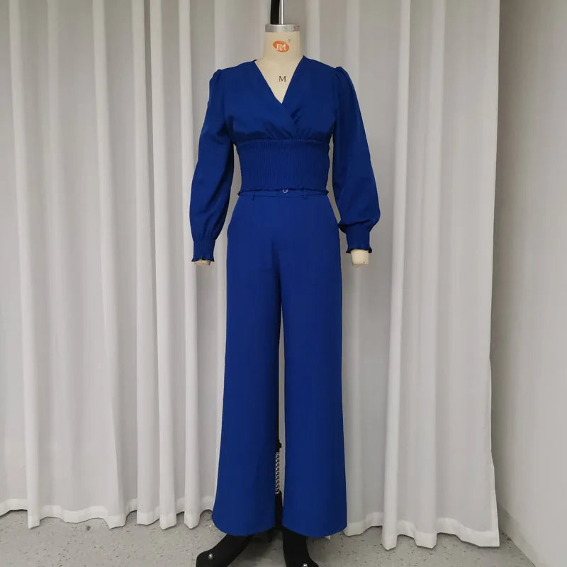Maxy Women Two Piece Set Summer Casual Solid V Neck Long Sleeve Pleated Nipped Waist Top Loose With Wide Legs Pants Sets