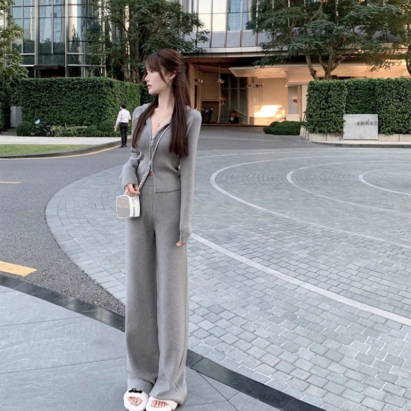 Women Knitted Tracksuits Autumn Winter Hooded Long Sleeve Short Jacket High Waist Wide Leg Pants Two Piece Set Fashion Outfits