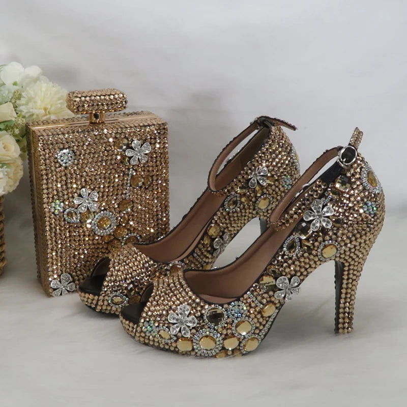 Momsey Peep Toe crystal Woman wedding shoes with matching bags Bridal fashion High Thick heel shoe Women party dress shoes Ankle Strap