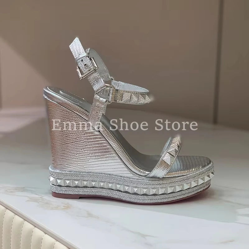 Visco Women's Summer Versatile Wedge Heel Dress Shoes Designer Buckle Platform Banquet High Heel Pumps Large Size Sandals