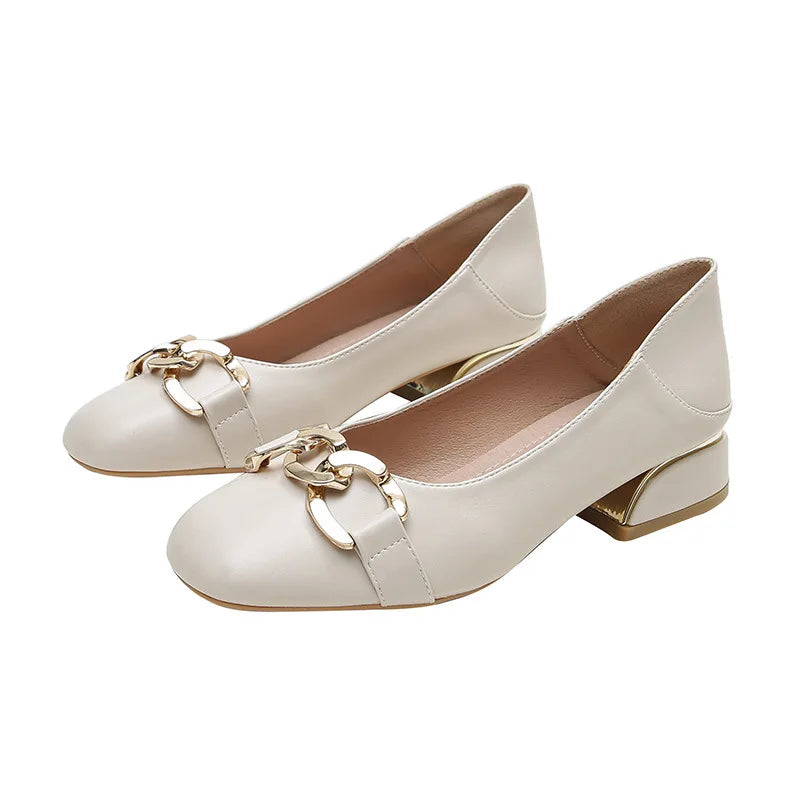 Amay New Women Med Heel Square Toe Pumps Office Lady Shoes Big Gold Metal Chain Soft Soles Slip on Leahter Shoes
