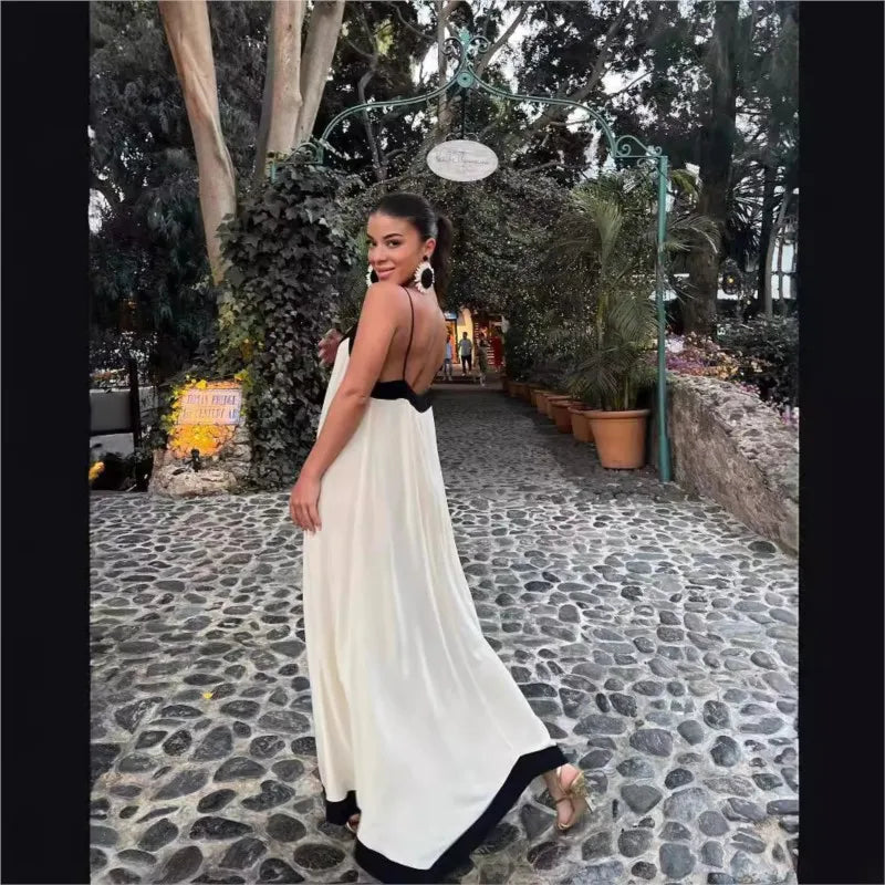 Maxy New Patchwork Sling Dress Women Sexy Summer V-neck Midi Beach Dresses Female Backless Sleeveless Vacation Long Dresses