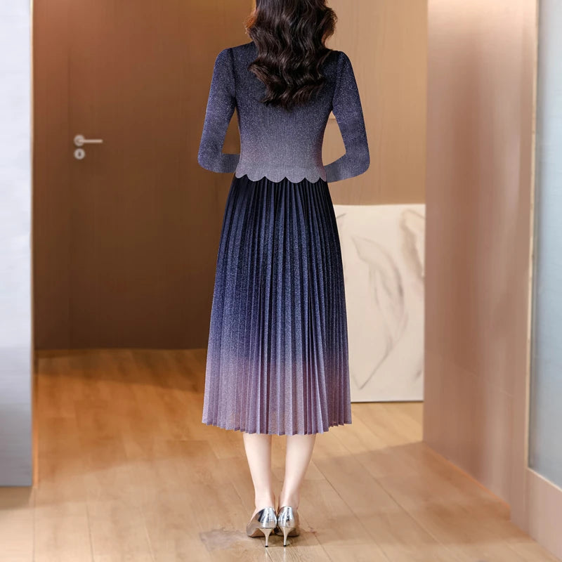 Maxy Wrinkled Autumn Starry Sky Color Matching Slimming Dress Women's High-end Versatile Ribbon Skirt Miyake Maxy Dress