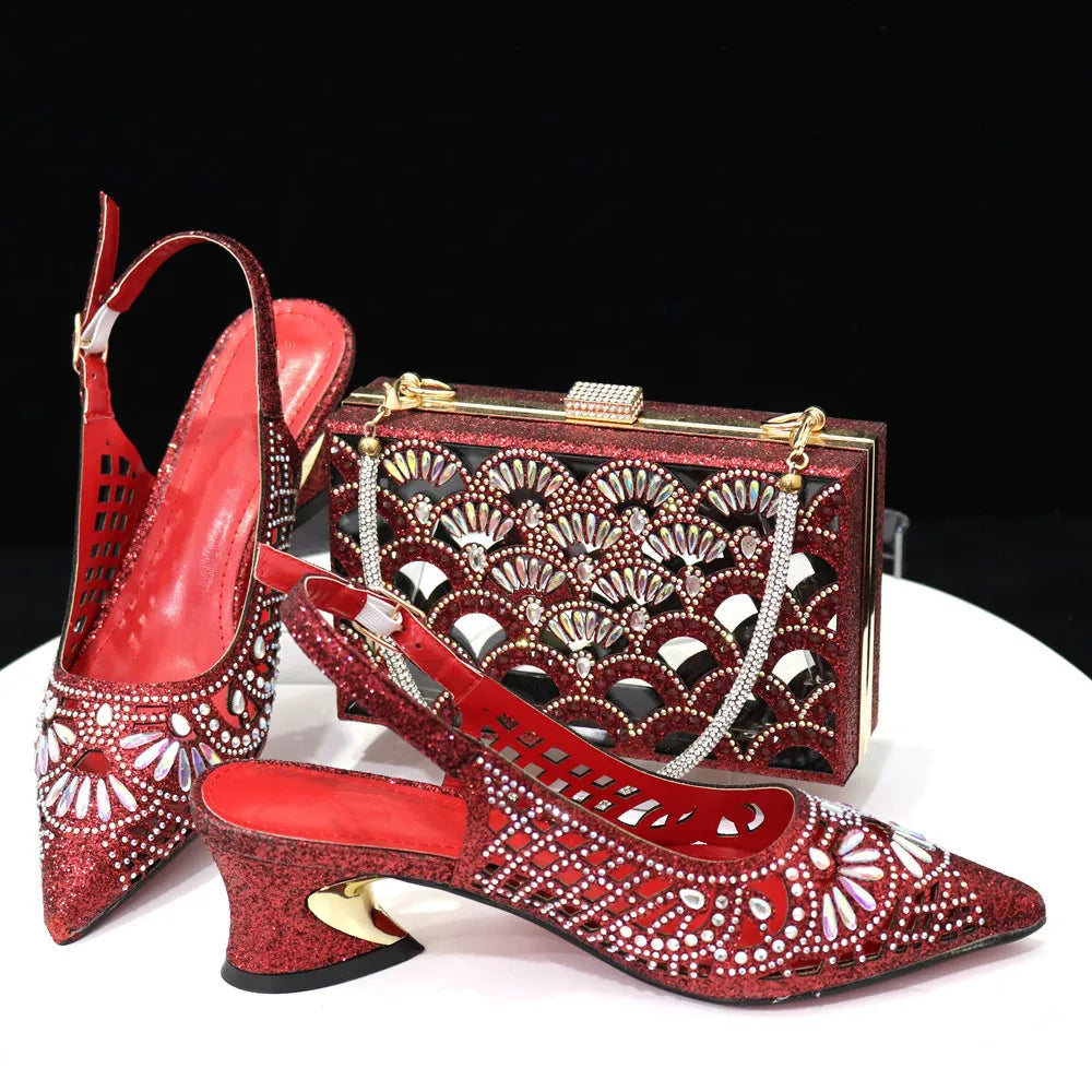 Maxy New Arrival African Pumps Shoes and Bag to Match Set Italian Summer Decorated With Rhinestone Ladies Shoes With Party Bag Set