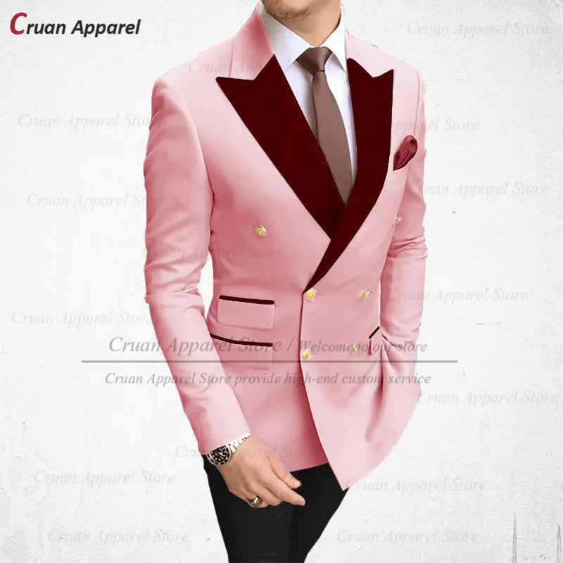 Visco Tailor-made 2024 Sky Blue Men's Suits 2Pcs Slim Fit Best Man Groom Wedding Tuxedo Fashion Burgundy Velvet Lapel Blazer Pants Set