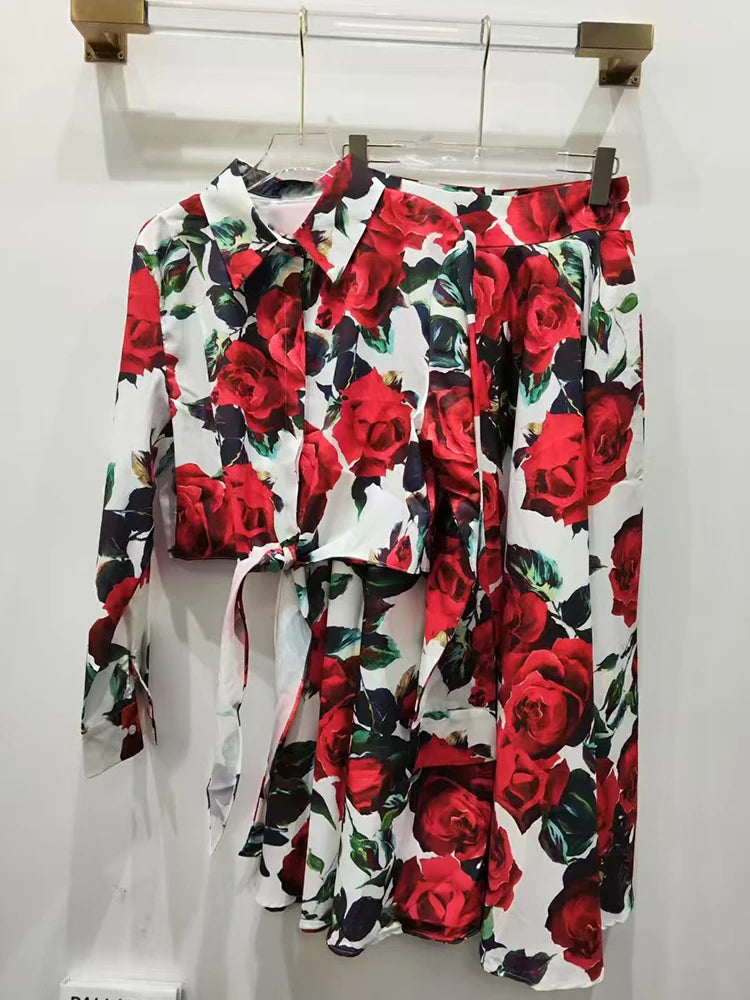 Maxy Two-piece retro printed strappy cinched straight shirt set for autumn women's wear + high-waisted pleated loose skirt set