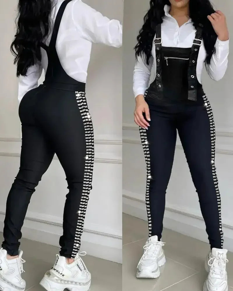 Summer Rhinestone Decor Buckled Suspender Jumpsuit 2025 Women Long Jumpsuits Elegant New Fashion Woman Casual Daily Clothing